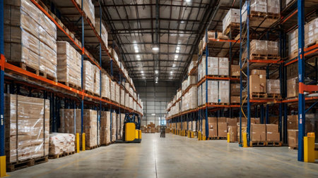 Interior of a warehouse with shelves and racks full of boxes.