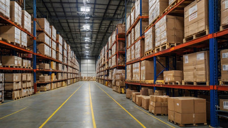 Warehouse or storehouse with rows of shelves and boxes for goodsの写真素材