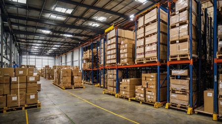 High angle view of shelves and boxes in warehouse. This is a freight transportation and distribution warehouse. Industrial and industrial backgroundの写真素材