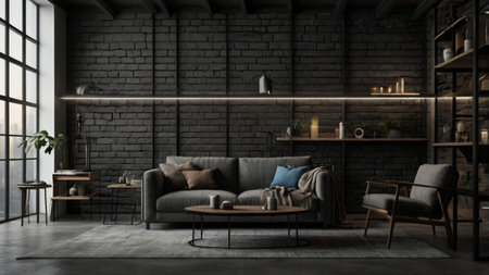 Interior of loft living room with gray brick walls, concrete floor, grey sofa and coffee table. 3d renderの写真素材