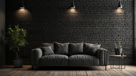 Modern living room with black brick wall and sofa - 3D Renderingの写真素材