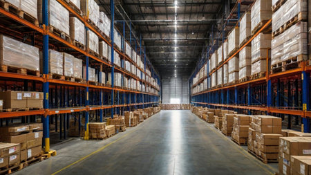 High angle view of a warehouse with rows of shelves and boxes.の写真素材