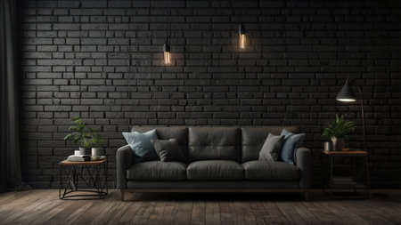 Living room with dark brick wall and sofa - 3D Renderingの写真素材