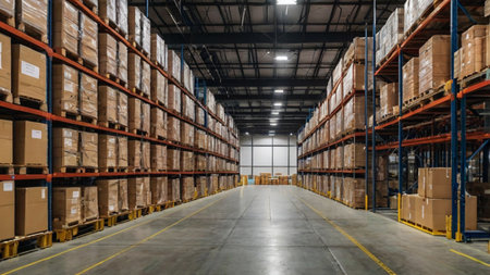 Interior of a warehouse with rows of shelves and boxes on themの写真素材