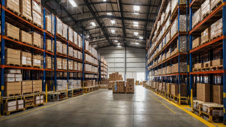 Warehouse interior with rows of shelves and pallets. Industrial background