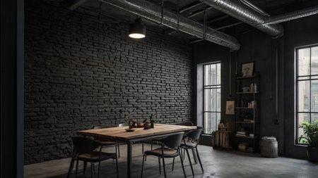 Interior of loft living room with brick wall and wooden dining tableの写真素材