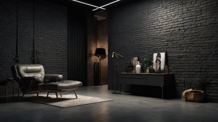 3d rendering of a modern living room with black brick wall.の写真素材