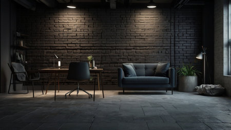 Interior of modern living room with brick wall and concrete floor 3d renderingの写真素材