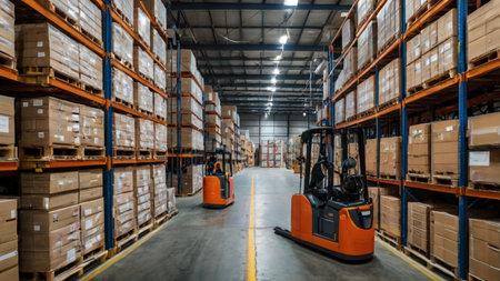 Forklift in warehouse. Forklift loader in warehouse. Warehouse interiorの写真素材