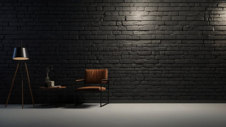 3d rendering of an empty room with a brick wall and a chairの写真素材