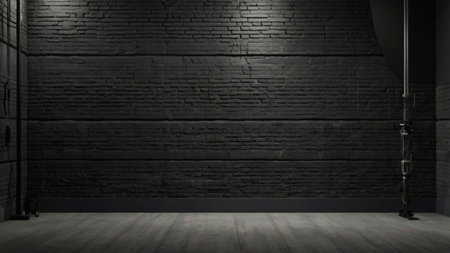 3D render of an empty room with black brick wall and spotlightの写真素材