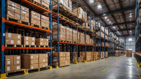 High angle view of warehouse with shelves and boxes. This is a freight transportation and...