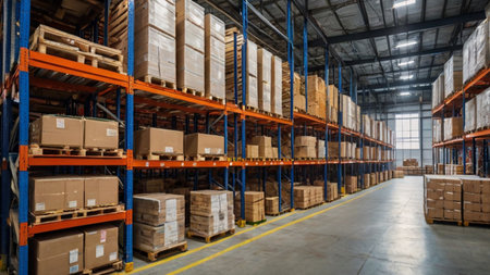 High angle view of rows of shelves in warehouse. This is a freight transportation and distribution warehouse. Industrial and industrial backgroundの写真素材