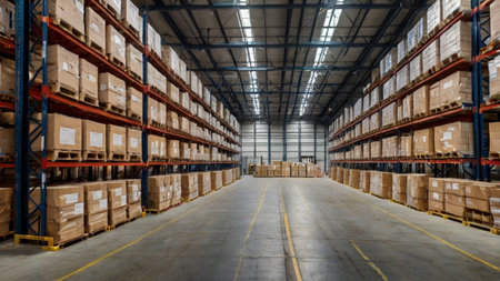 Warehouse interior with rows of shelves and rows of boxes in warehouseの写真素材