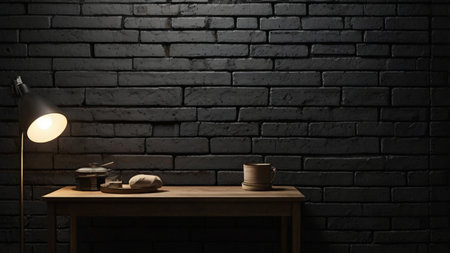 Wooden table with lamp and coffee cup on black brick wall backgroundの写真素材