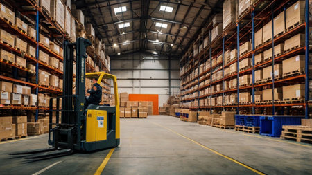 Warehouse worker using forklift in warehouse. This is a freight transportation and distribution warehouse. Industrial and industrial workers conceptの写真素材