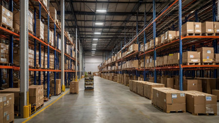 Large warehouse with rows of pallets and racks. Distribution warehouse.
