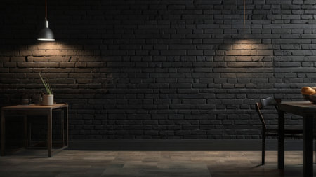 Black brick wall and wooden table with lamp. 3d rendering.の写真素材
