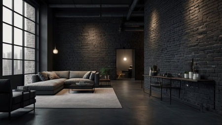 Interior of modern loft living room with brick walls, concrete floor, grey sofa and coffee table. 3d renderingの写真素材