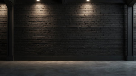Black brick wall and concrete floor with spotlights. 3d renderingの写真素材