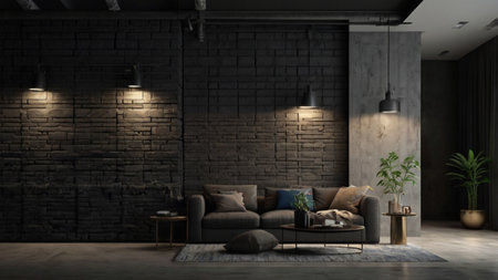 Modern living room with dark brick wall and sofa - 3D Renderingの写真素材