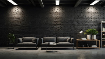 Interior of modern living room with brick wall and sofa 3D renderingの写真素材
