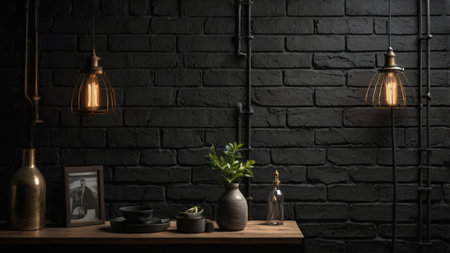 Lamps and tableware on wooden shelf against black brick wall.の写真素材