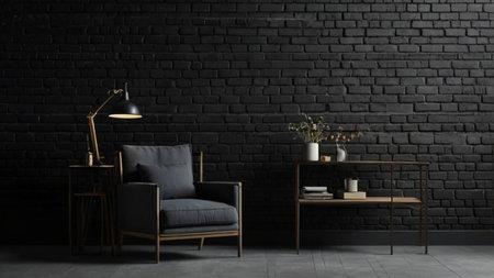 Interior of living room with black brick wall, 3d renderの写真素材