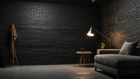 Interior of modern living room with black brick wall and grey sofaの写真素材