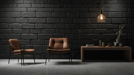Interior of modern living room with brick wall and brown leather armchairsの写真素材