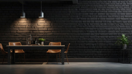 Interior of modern dining room with brick wall, 3d renderの写真素材