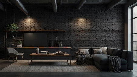 Interior of loft living room with black brick wall and wooden floor. 3d renderの写真素材
