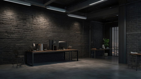 3d render of interior of modern office with black brick wall.の写真素材