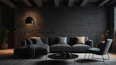 Modern bright interiors 3D rendering illustration computer generated image. Living room with black brick wallの写真素材