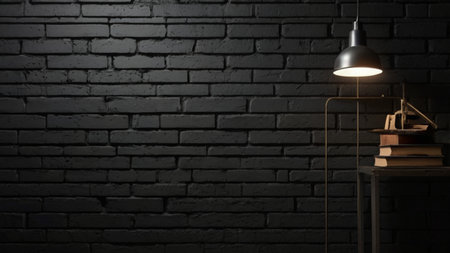 Lamp and books on table against black brick wall. Space for textの写真素材