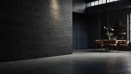 Interior of modern dining room with black brick walls, concrete floor and wooden table with chairs. 3d renderingの写真素材
