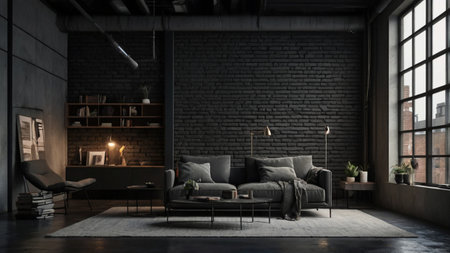 Interior of modern living room with black brick wall, 3d renderの写真素材