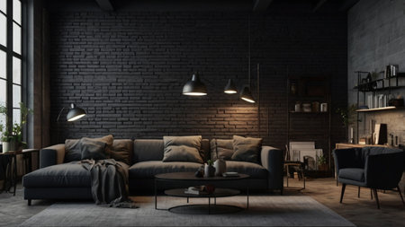 Modern loft living room interior design with black brick wall, 3d renderの写真素材