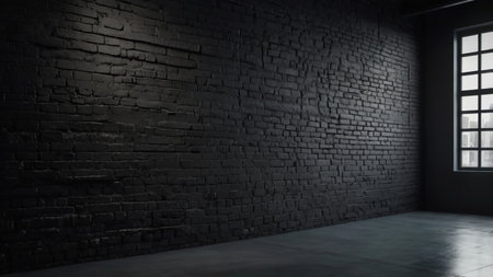 3d rendering of a dark room with black brick wall and windowの写真素材