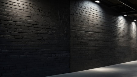 3d render of a black brick wall with spotlights and floorの写真素材