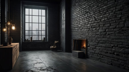 3d rendering of a dark room with a brick wall and a fireplaceの写真素材