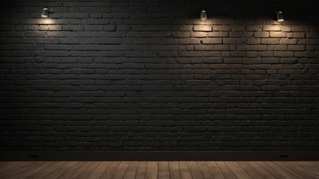 Illuminated brick wall and wooden floor. 3D rendering.の写真素材