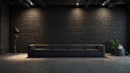 3d rendering of a modern living room with a sofa and brick wallの写真素材