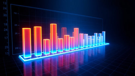 3D rendering of a bar chart in blue and red neon lightの写真素材