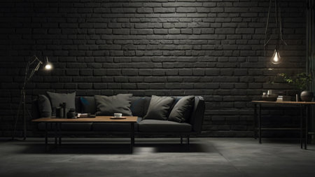 Modern living room with black brick wall and sofa. 3d renderingの写真素材