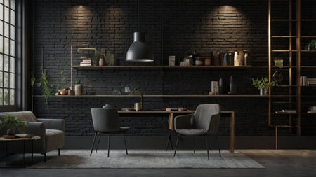 Modern interior of living room with dark brick walls, concrete floor, gray armchairs and coffee table. 3d renderの写真素材
