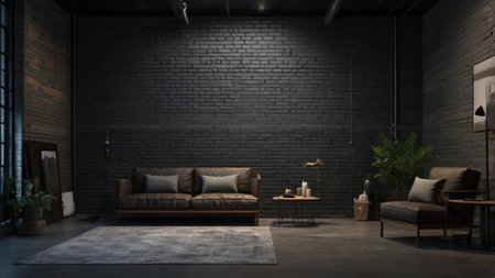 Modern interior design of living room with black brick wall, 3d renderの写真素材