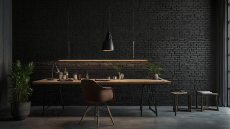 Interior of modern cafe with brick wall and wooden table. 3d renderの写真素材