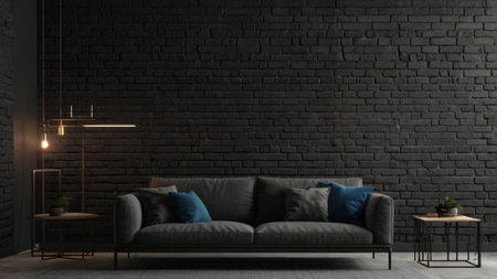 Modern living room interior with black brick wall and sofa 3d renderの写真素材