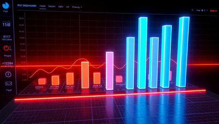 3D rendering of a stock market graph on a screen with neon lightsの写真素材